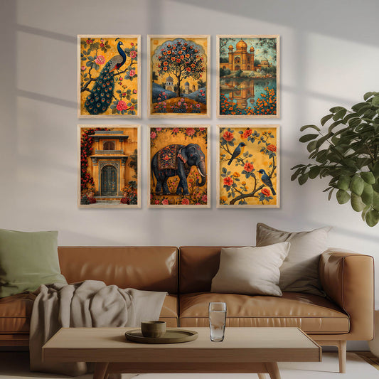 Traditional Indian Inspired Madhubani Art Prints with Frame for Living Room