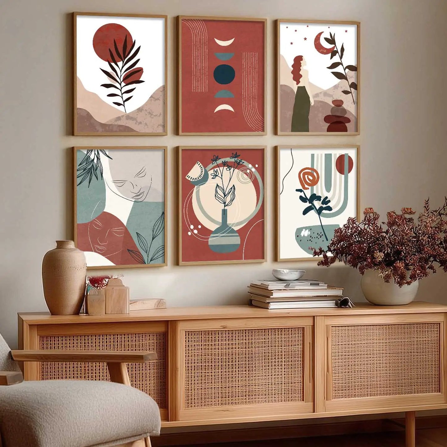 Minimal Boho Art Framed Posters for Home Living Room Bedroom and Office Wall Decor Set of 6