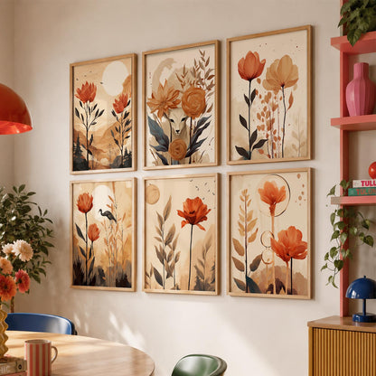 Floral Art Framed Posters for Home Living Room Bedroom and Office Wall Decor Set of 6