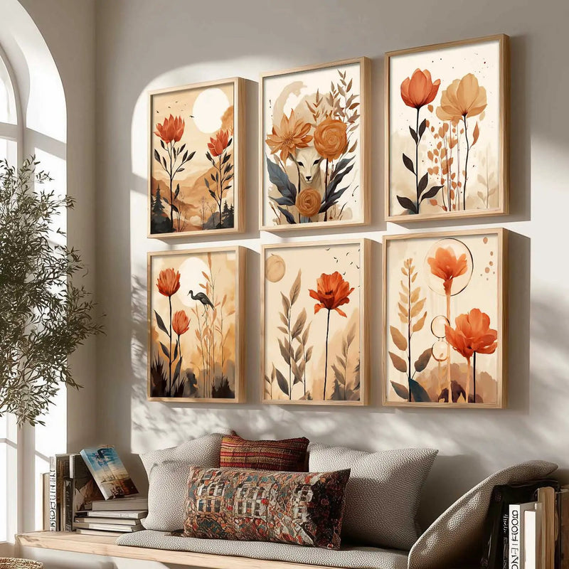 Floral Art Framed Posters for Home Living Room Bedroom and Office Wall Decor Set of 6
