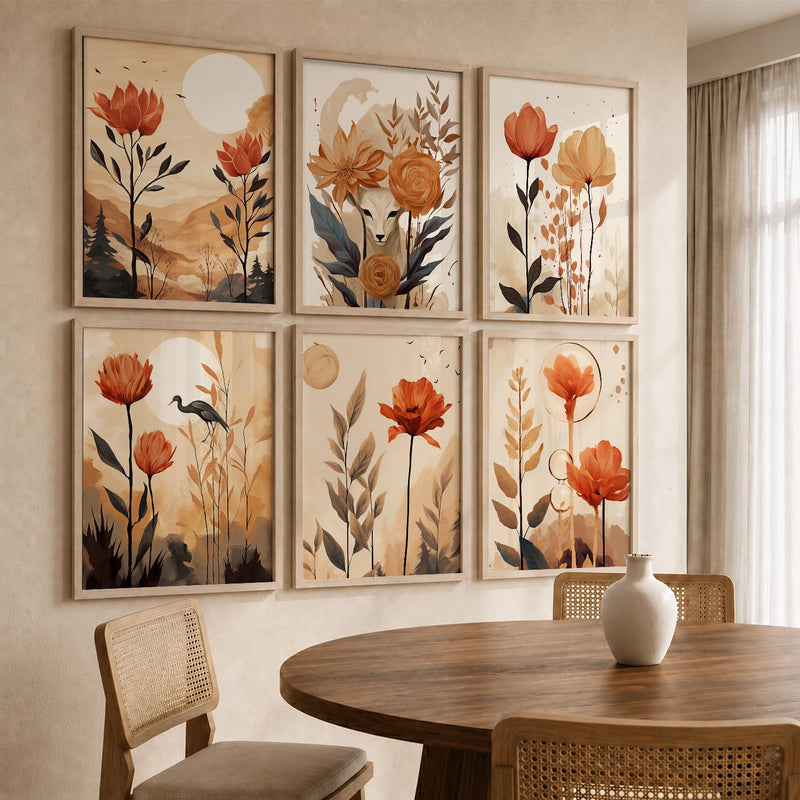 Floral Art Framed Posters for Home Living Room Bedroom and Office Wall Decor Set of 6