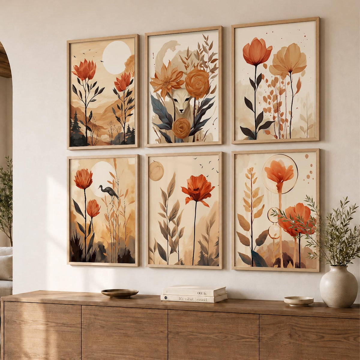 Floral Art Framed Posters for Home Living Room Bedroom and Office Wall Decor Set of 6