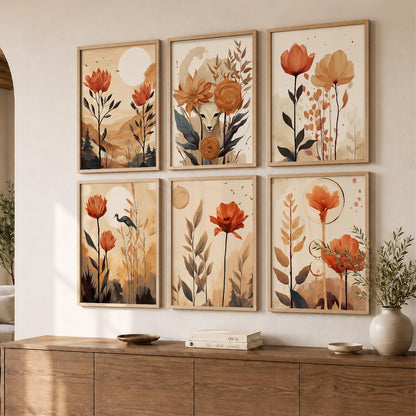Floral Art Framed Posters for Home Living Room Bedroom and Office Wall Decor Set of 6