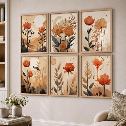 Floral Art Framed Posters for Home Living Room Bedroom and Office Wall Decor Set of 6