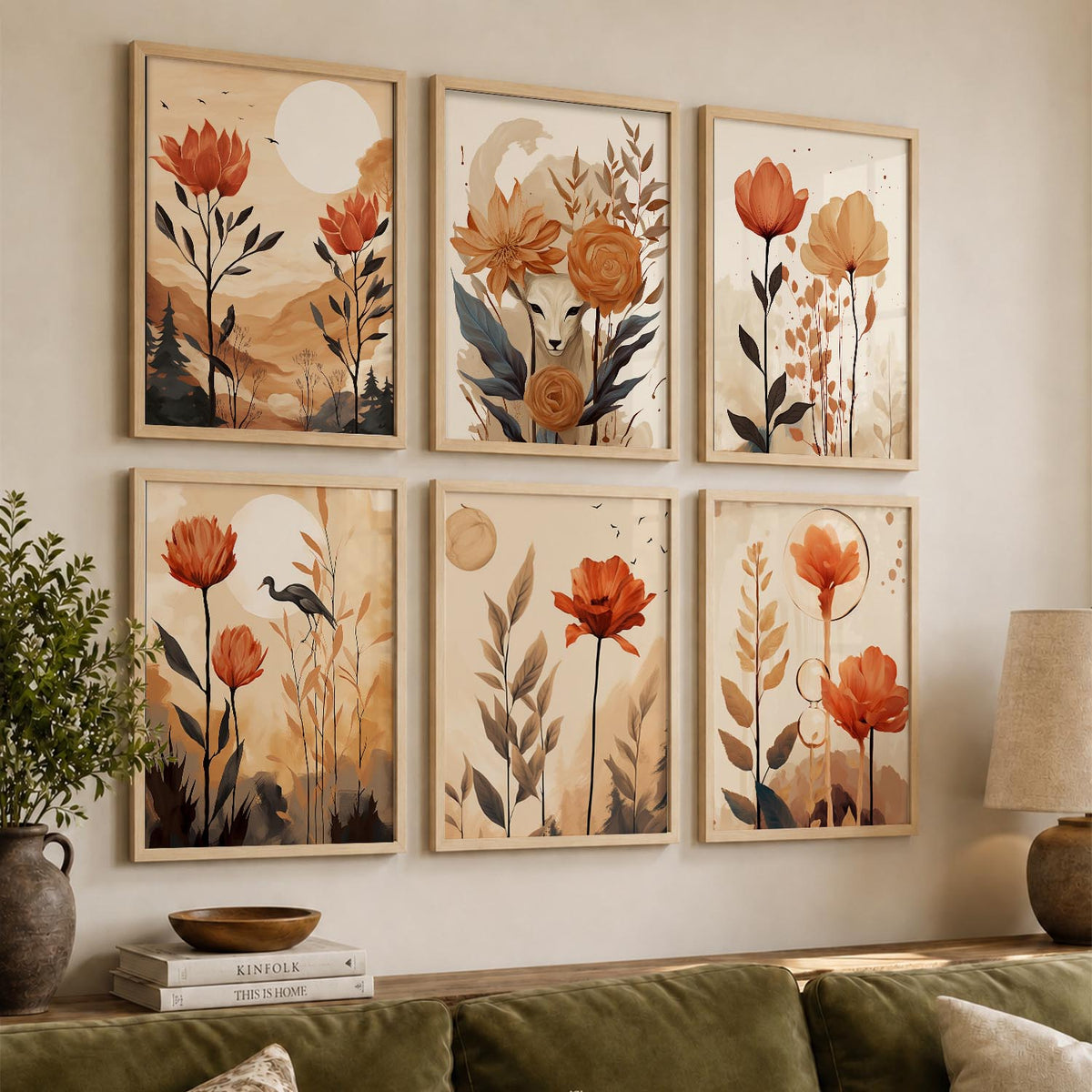 Floral Art Framed Posters for Home Living Room Bedroom and Office Wall Decor Set of 6