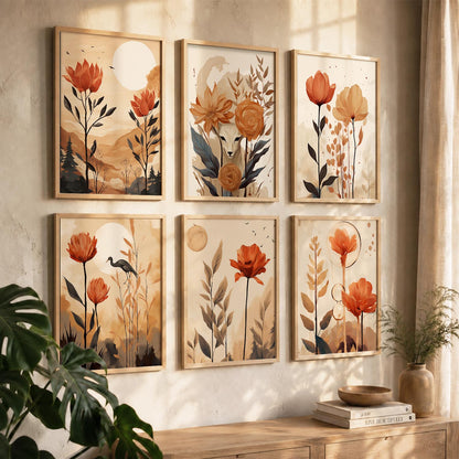Floral Art Framed Posters for Home Living Room Bedroom and Office Wall Decor Set of 6