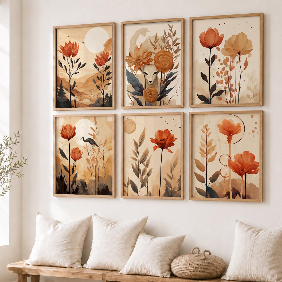 Floral Art Framed Posters for Home Living Room Bedroom and Office Wall Decor Set of 6
