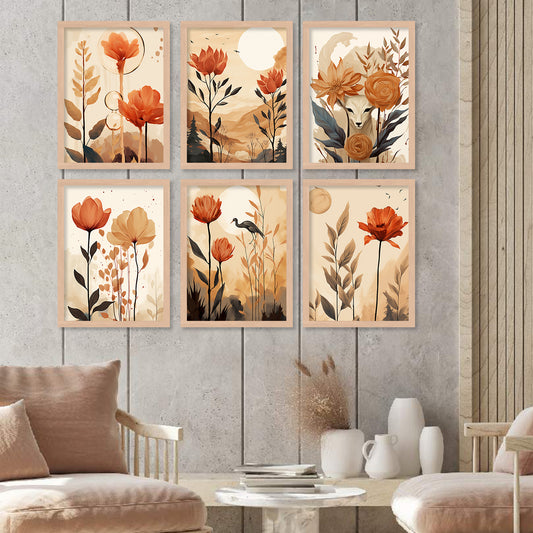 Floral Art Framed Posters for Home Living Room Bedroom and Office Wall Decor Set of 6