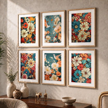 Floral Art Framed Posters for Home Living Room Bedroom and Office Wall Decor Set of 6