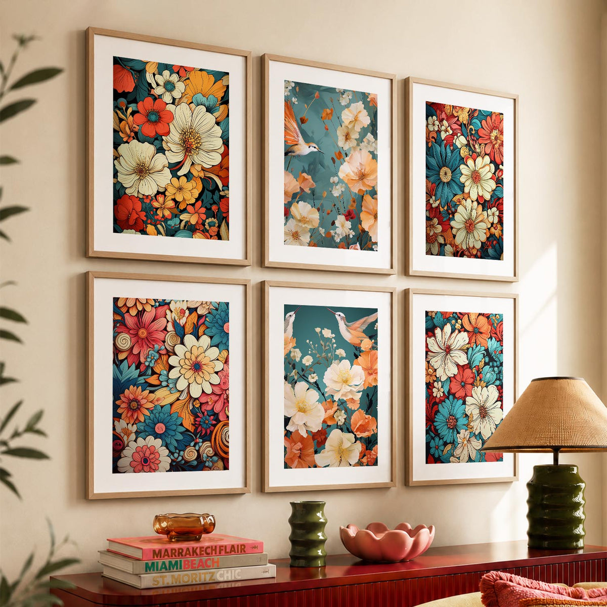 Floral Art Framed Posters for Home Living Room Bedroom and Office Wall Decor Set of 6