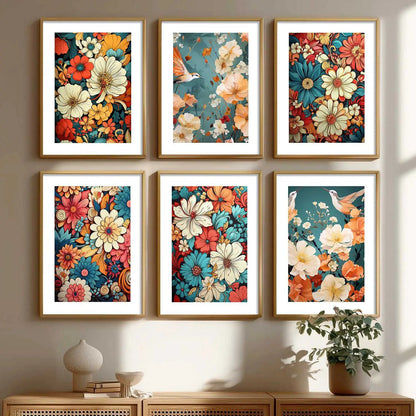 Floral Art Framed Posters for Home Living Room Bedroom and Office Wall Decor Set of 6