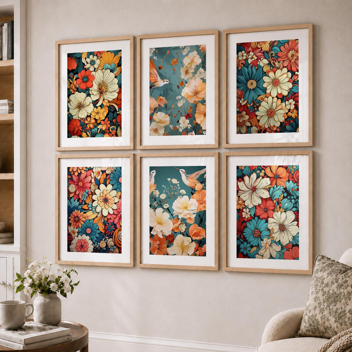 Floral Art Framed Posters for Home Living Room Bedroom and Office Wall Decor Set of 6