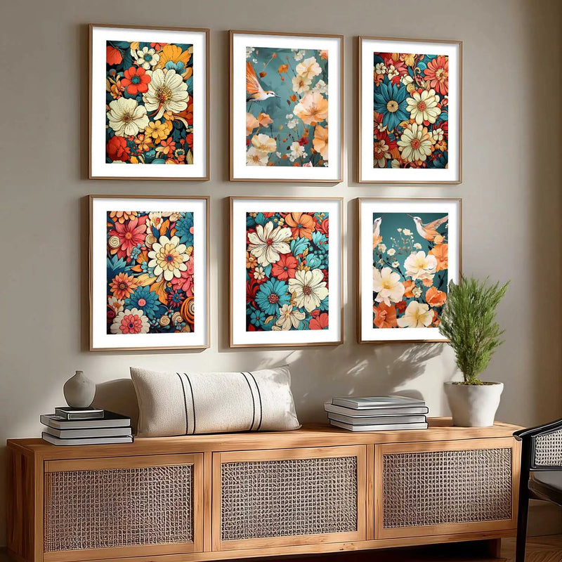 Floral Art Framed Posters for Home Living Room Bedroom and Office Wall Decor Set of 6