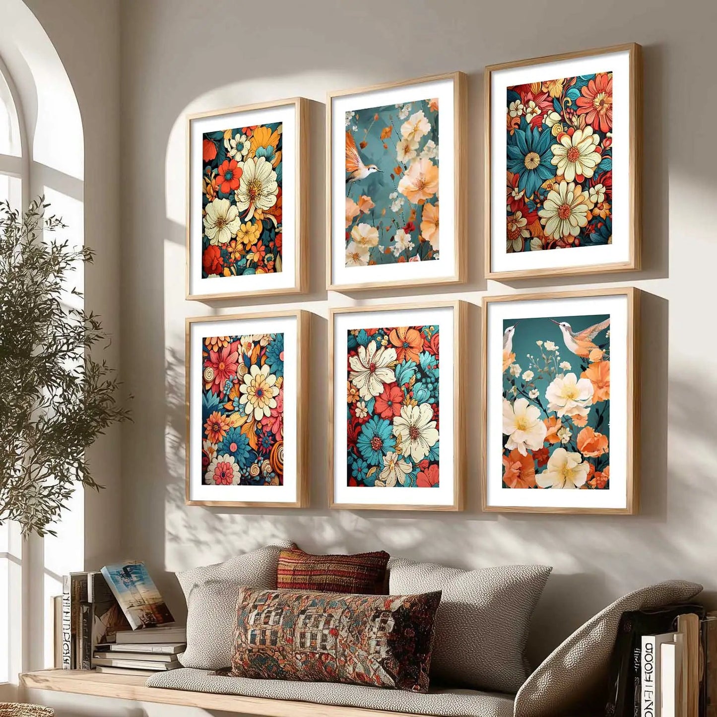 Floral Art Framed Posters for Home Living Room Bedroom and Office Wall Decor Set of 6