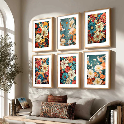 Floral Art Framed Posters for Home Living Room Bedroom and Office Wall Decor Set of 6