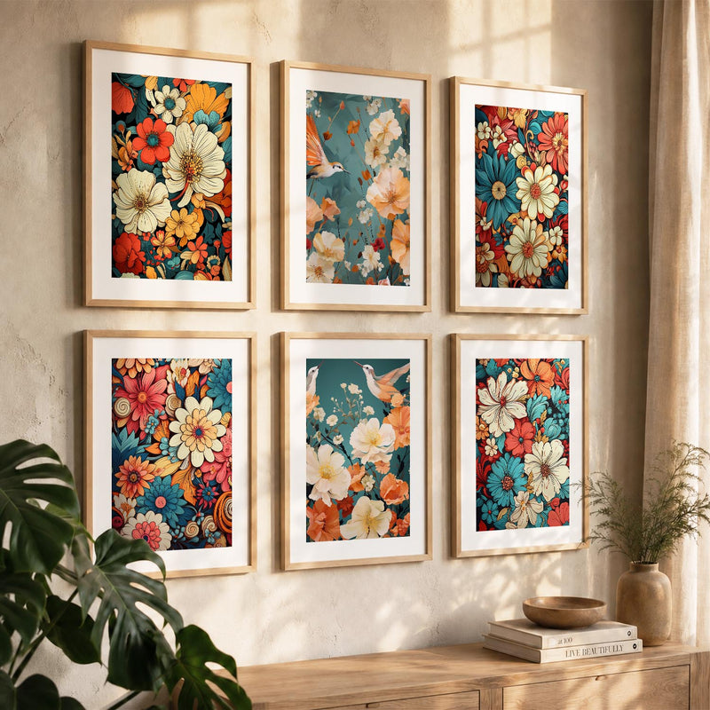 Floral Art Framed Posters for Home Living Room Bedroom and Office Wall Decor Set of 6