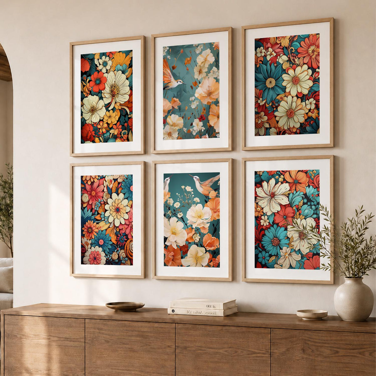 Floral Art Framed Posters for Home Living Room Bedroom and Office Wall Decor Set of 6