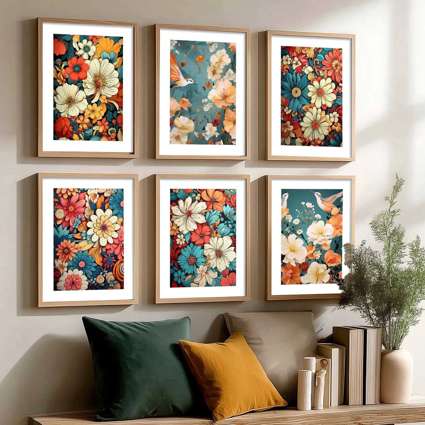 Floral Art Framed Posters for Home Living Room Bedroom and Office Wall Decor Set of 6