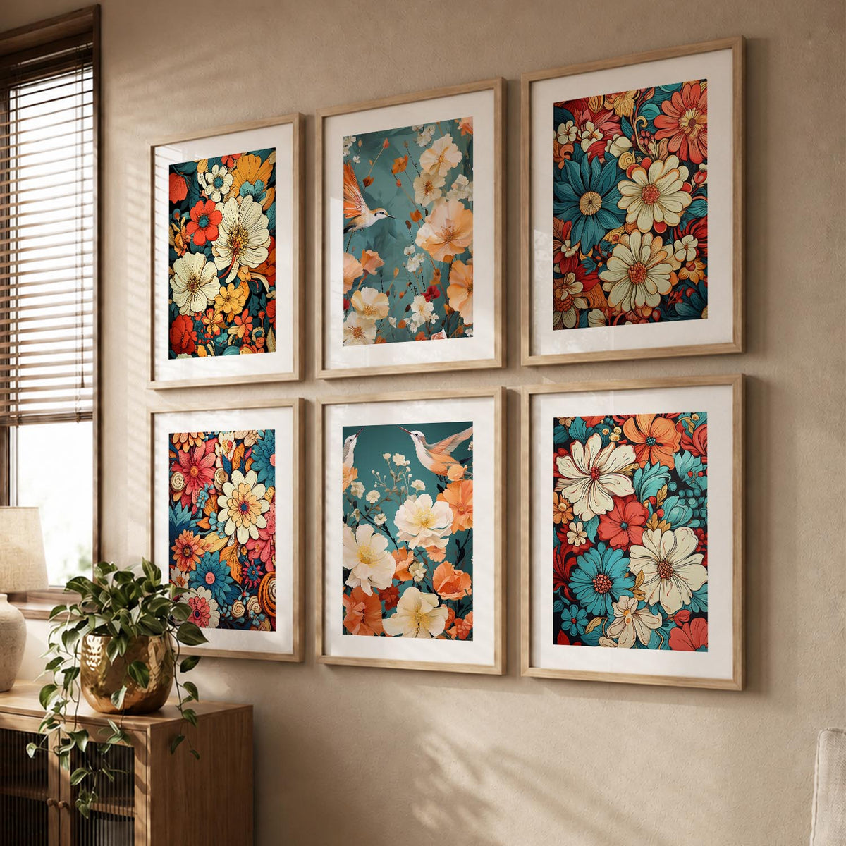 Floral Art Framed Posters for Home Living Room Bedroom and Office Wall Decor Set of 6
