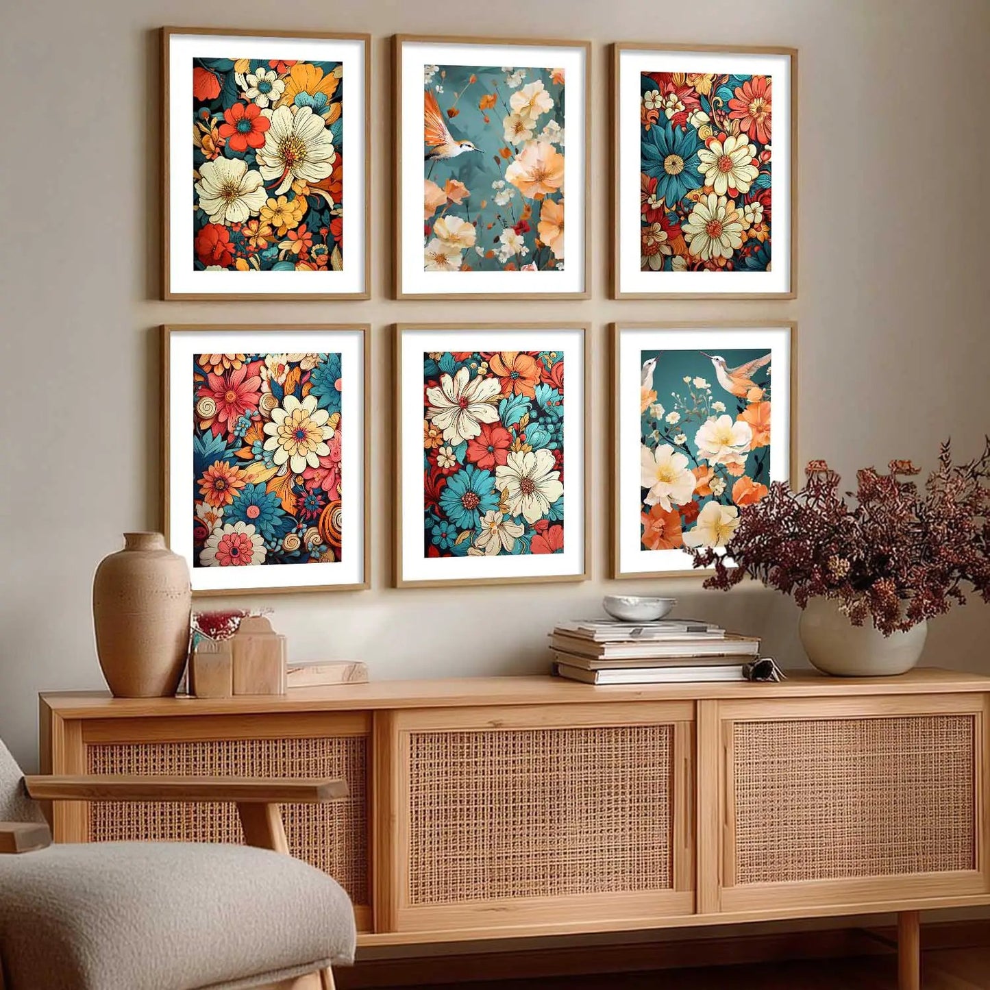 Floral Art Framed Posters for Home Living Room Bedroom and Office Wall Decor Set of 6
