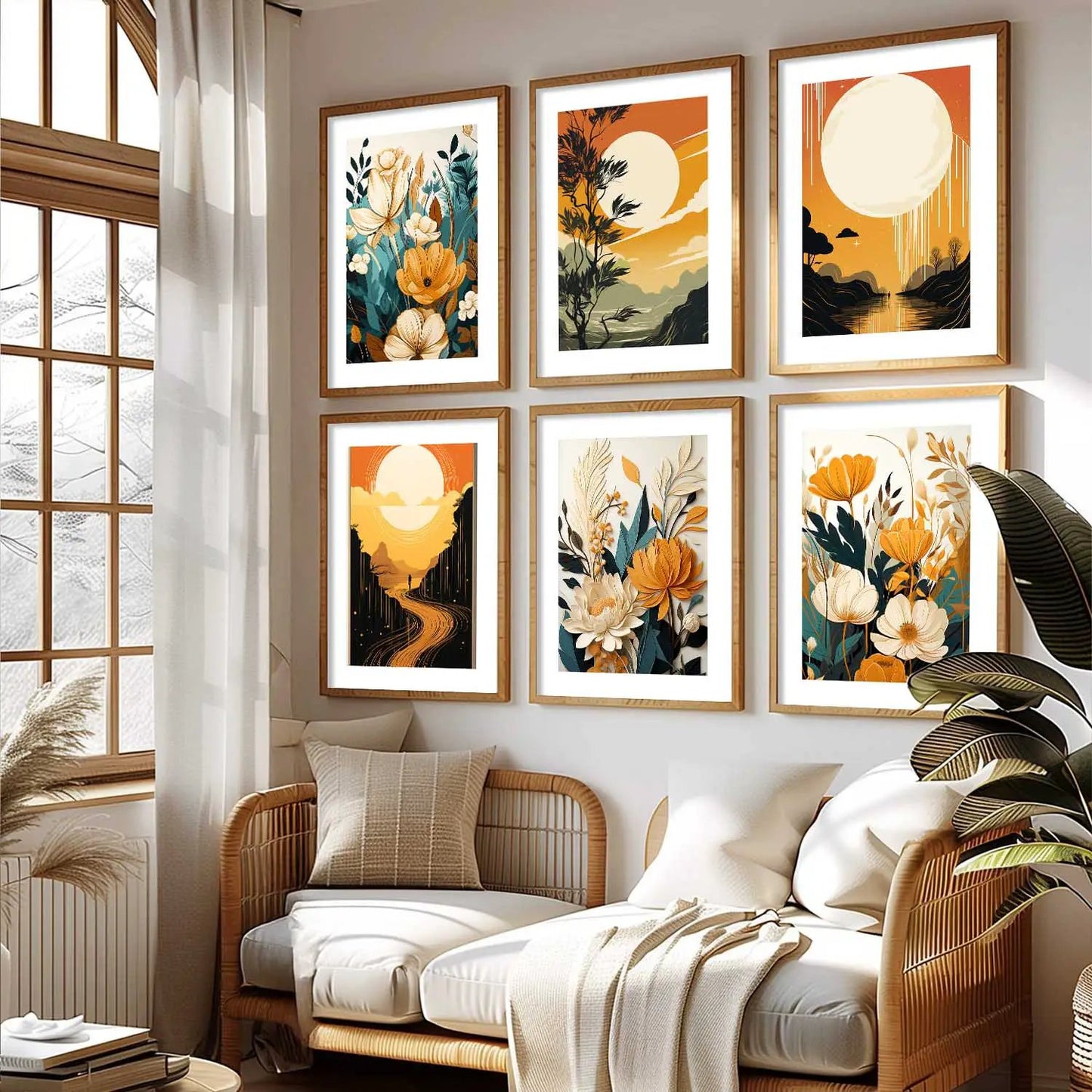 Floral Art Framed Posters for Home Living Room Bedroom and Office Wall Decor Set of 6