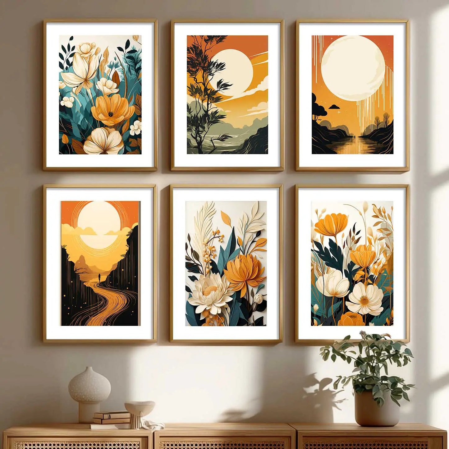 Floral Art Framed Posters for Home Living Room Bedroom and Office Wall Decor Set of 6