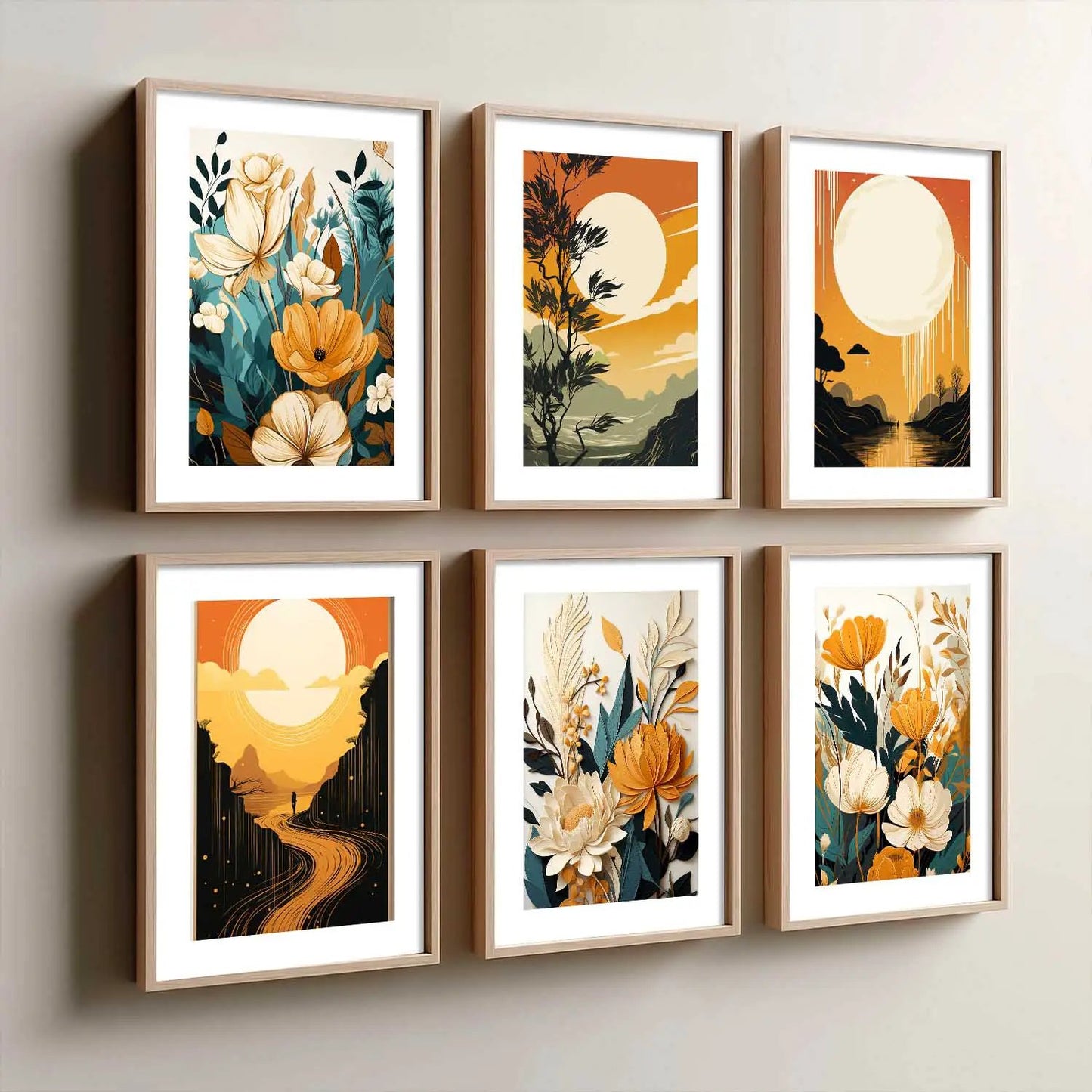 Floral Art Framed Posters for Home Living Room Bedroom and Office Wall Decor Set of 6