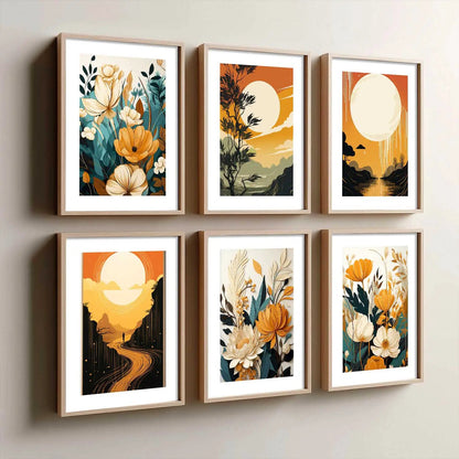 Floral Art Framed Posters for Home Living Room Bedroom and Office Wall Decor Set of 6