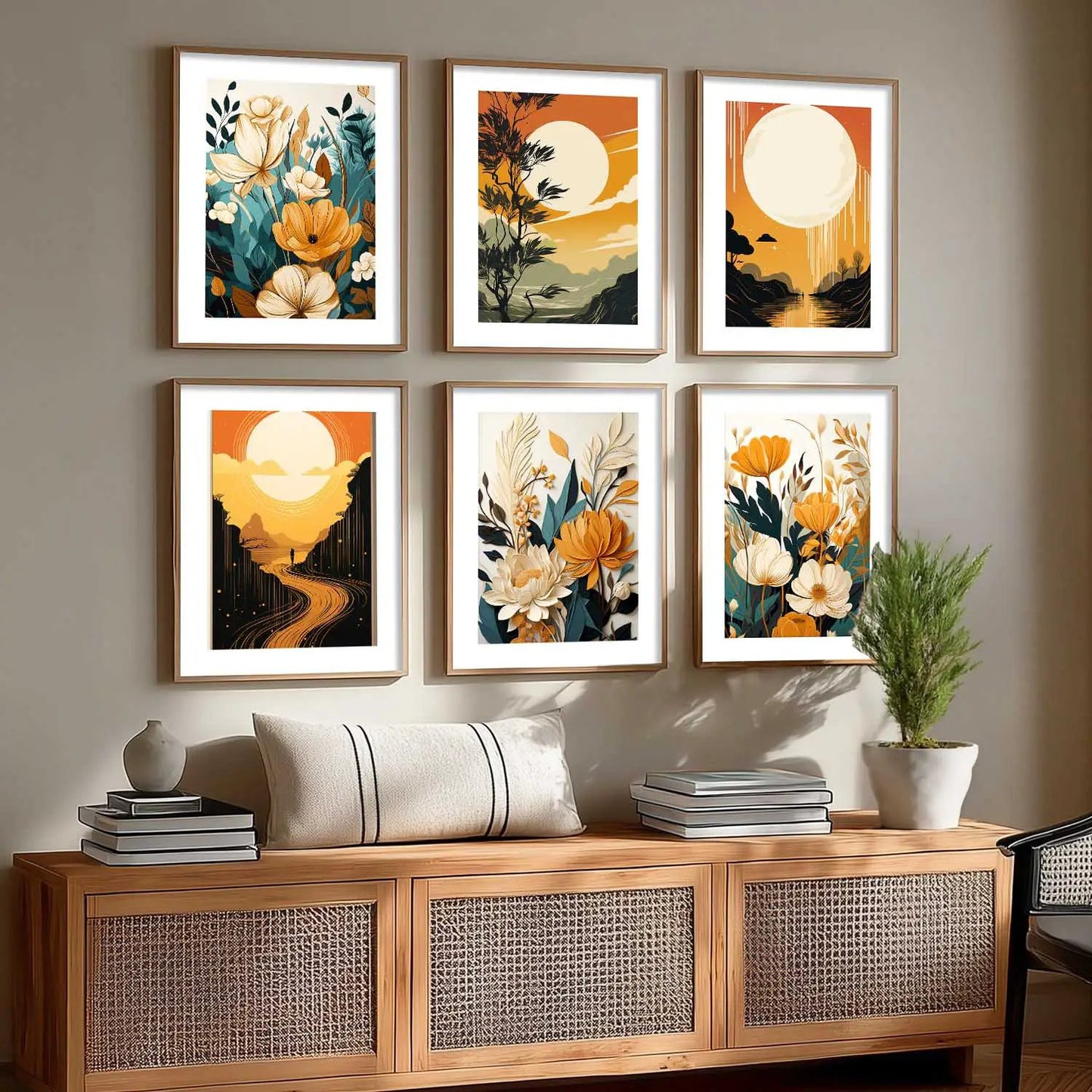Floral Art Framed Posters for Home Living Room Bedroom and Office Wall Decor Set of 6