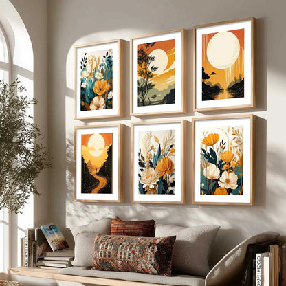 Floral Art Framed Posters for Home Living Room Bedroom and Office Wall Decor Set of 6