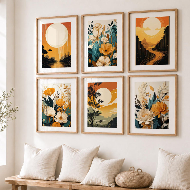 Floral Art Framed Posters for Home Living Room Bedroom and Office Wall Decor Set of 6