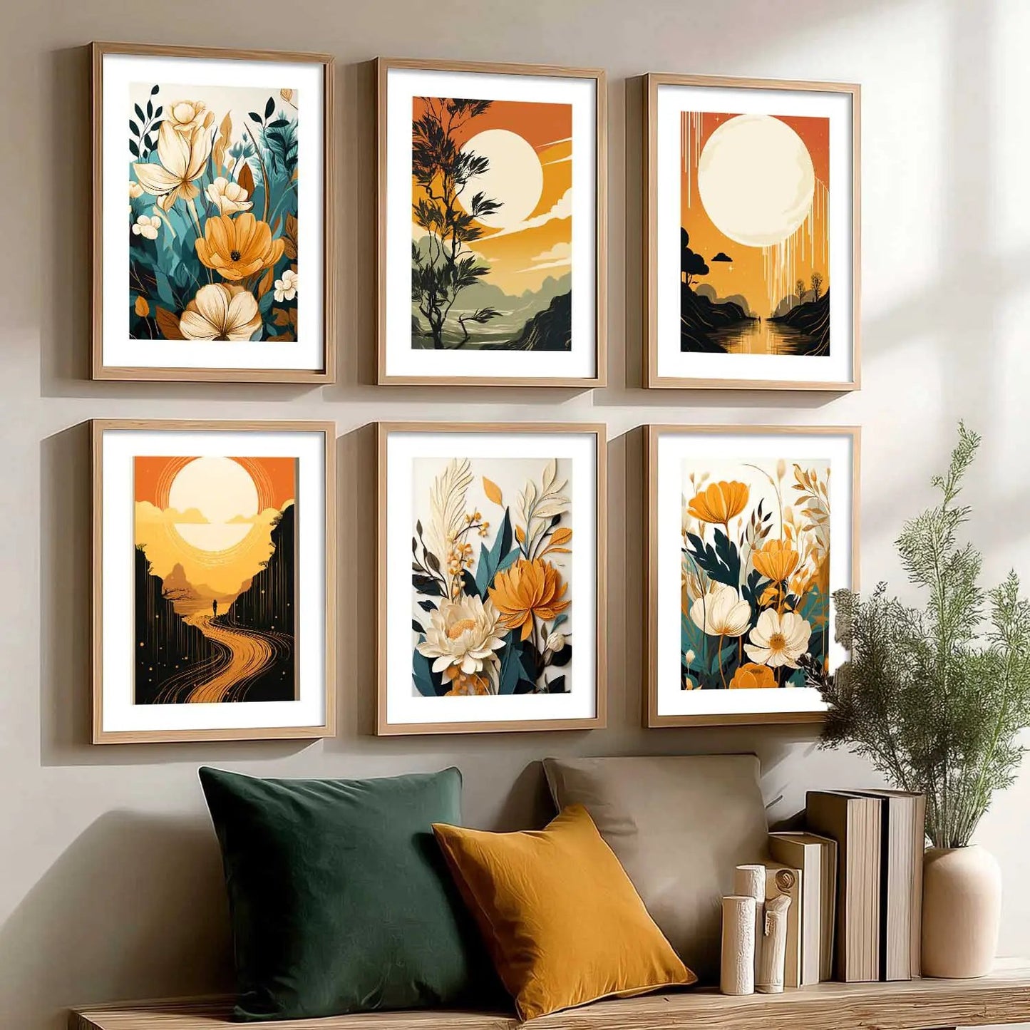 Floral Art Framed Posters for Home Living Room Bedroom and Office Wall Decor Set of 6