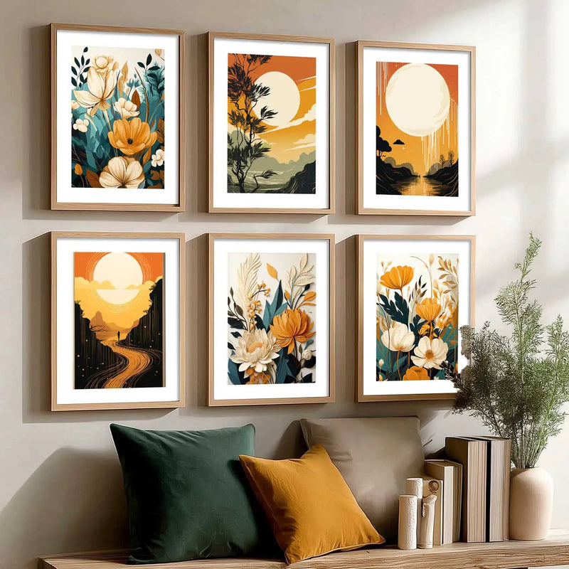 Floral Art Framed Posters for Home Living Room Bedroom and Office Wall Decor Set of 6