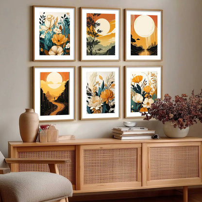 Floral Art Framed Posters for Home Living Room Bedroom and Office Wall Decor Set of 6