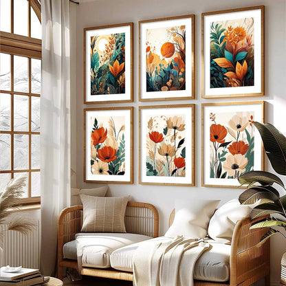 Floral Art Framed Posters for Home Living Room Bedroom and Office Wall Decor Set of 6