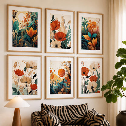 Floral Art Framed Posters for Home Living Room Bedroom and Office Wall Decor Set of 6