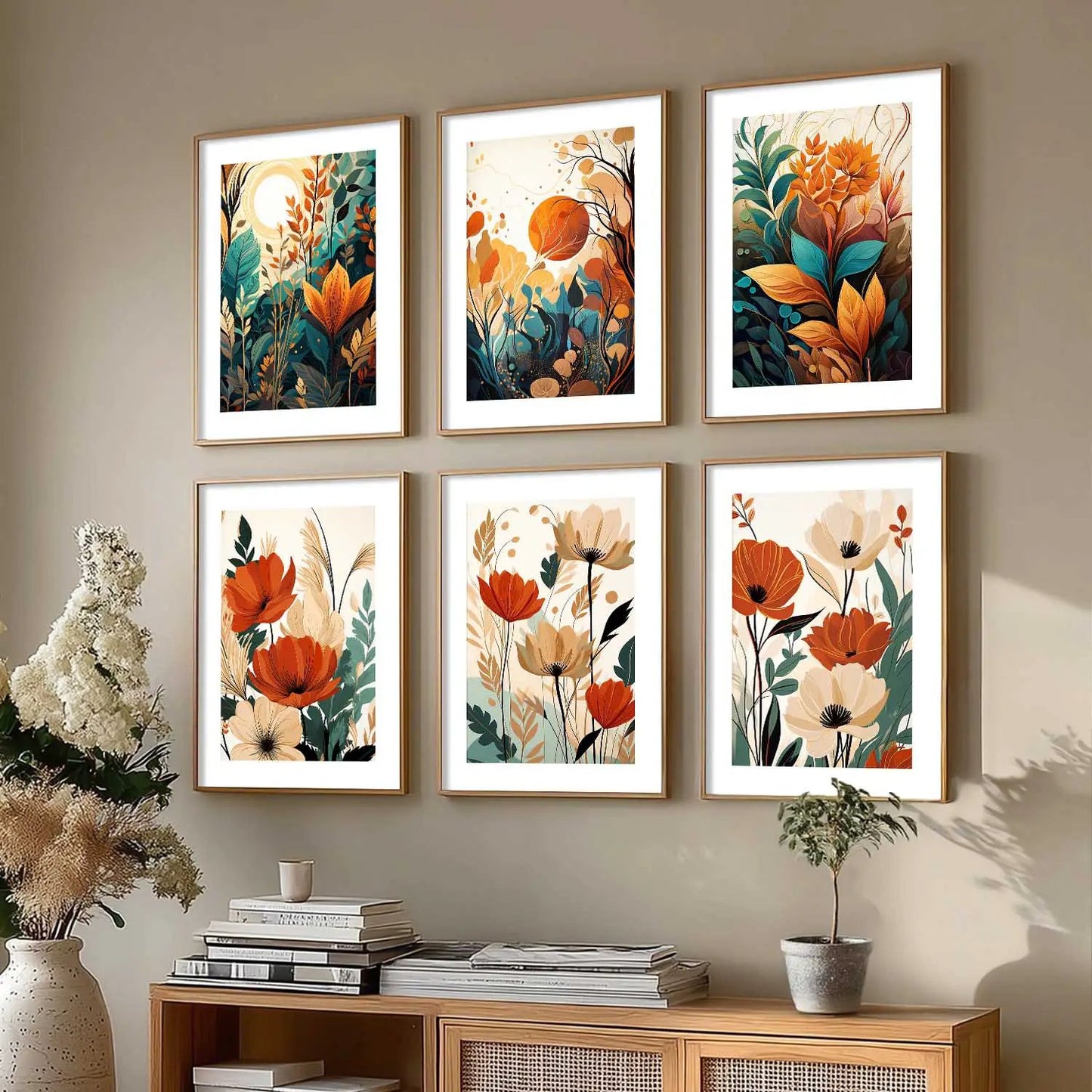 Floral Art Framed Posters for Home Living Room Bedroom and Office Wall Decor Set of 6