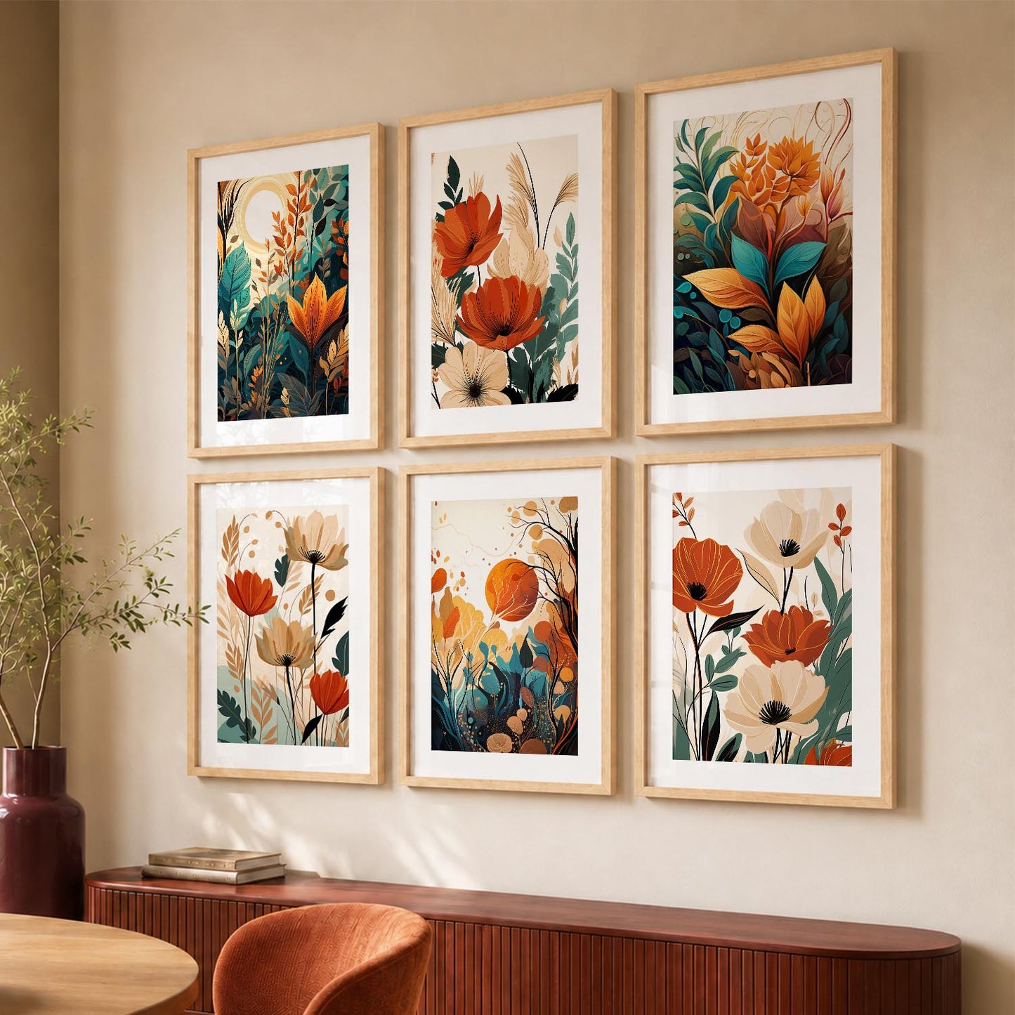 Floral Art Framed Posters for Home Living Room Bedroom and Office Wall Decor Set of 6
