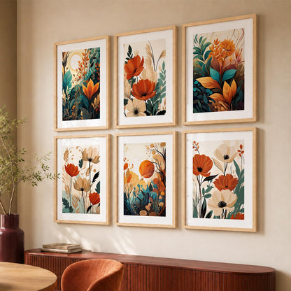 Floral Art Framed Posters for Home Living Room Bedroom and Office Wall Decor Set of 6