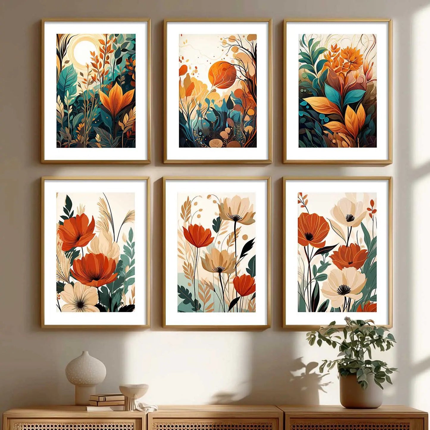 Floral Art Framed Posters for Home Living Room Bedroom and Office Wall Decor Set of 6