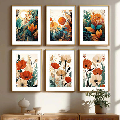 Floral Art Framed Posters for Home Living Room Bedroom and Office Wall Decor Set of 6