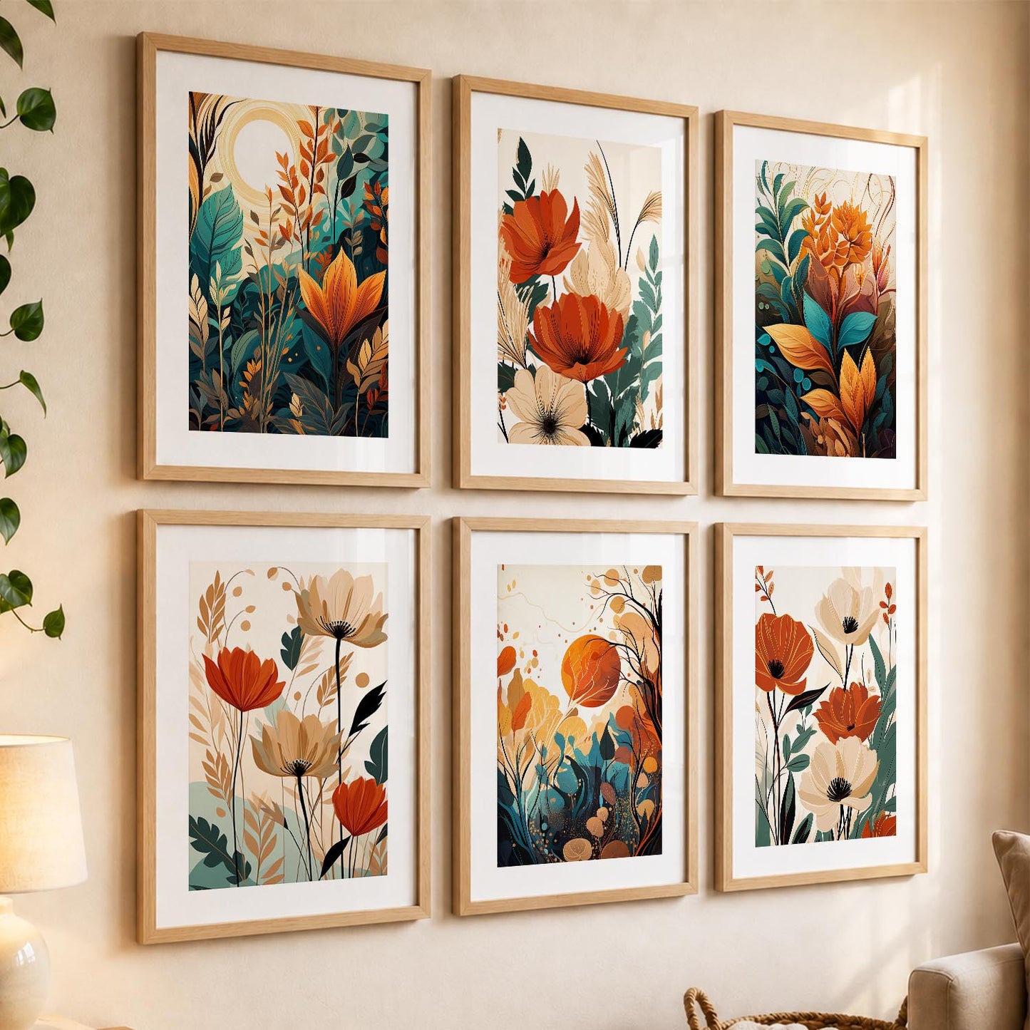 Floral Art Framed Posters for Home Living Room Bedroom and Office Wall Decor Set of 6