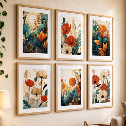 Floral Art Framed Posters for Home Living Room Bedroom and Office Wall Decor Set of 6