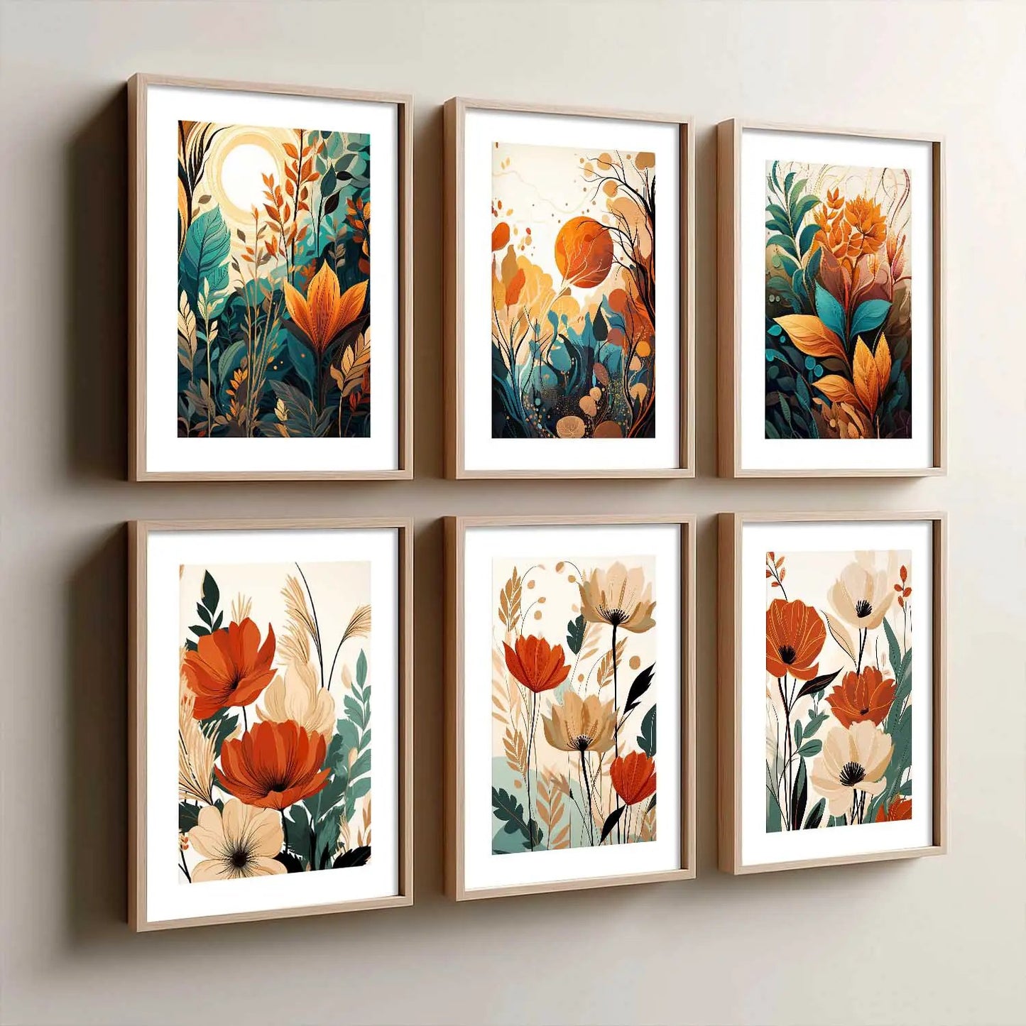 Floral Art Framed Posters for Home Living Room Bedroom and Office Wall Decor Set of 6