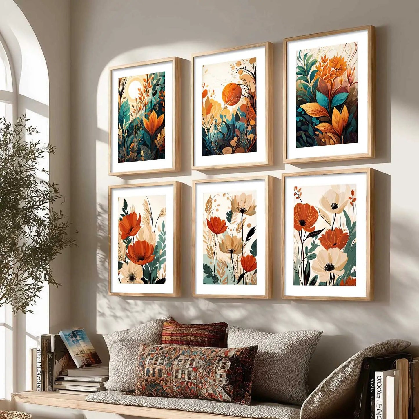 Floral Art Framed Posters for Home Living Room Bedroom and Office Wall Decor Set of 6