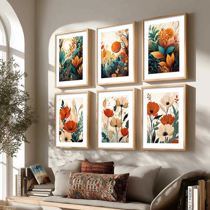 Floral Art Framed Posters for Home Living Room Bedroom and Office Wall Decor Set of 6