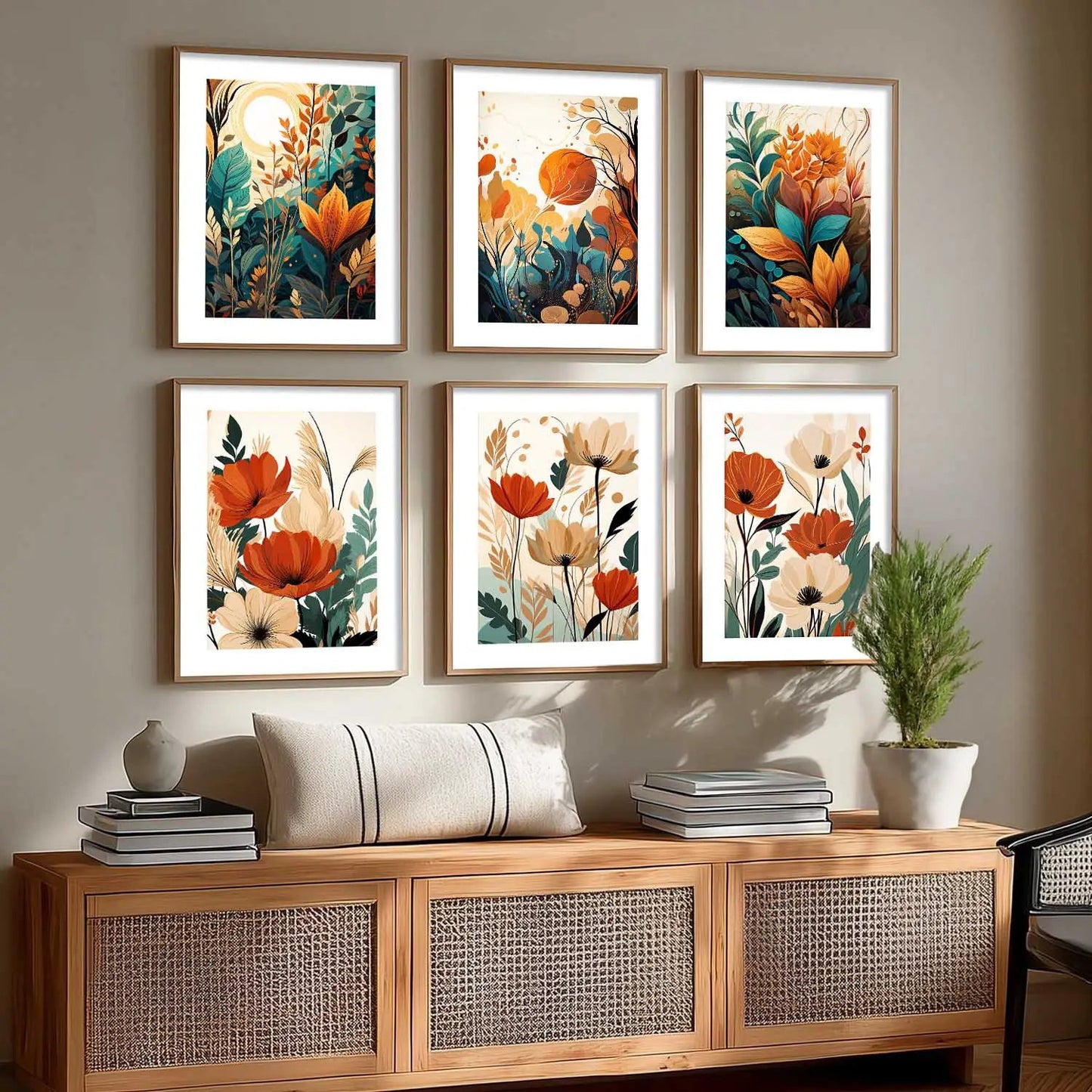 Floral Art Framed Posters for Home Living Room Bedroom and Office Wall Decor Set of 6