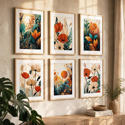 Floral Art Framed Posters for Home Living Room Bedroom and Office Wall Decor Set of 6