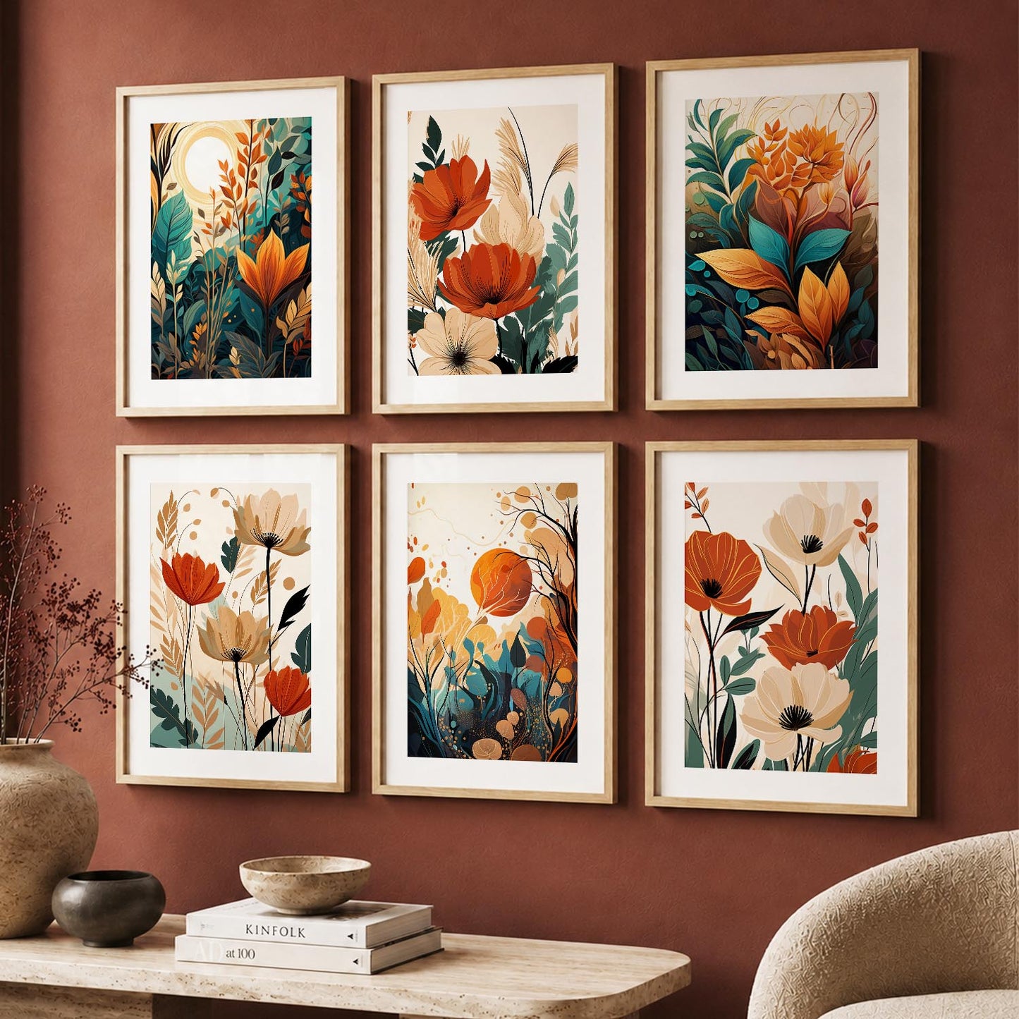 Floral Art Framed Posters for Home Living Room Bedroom and Office Wall Decor Set of 6