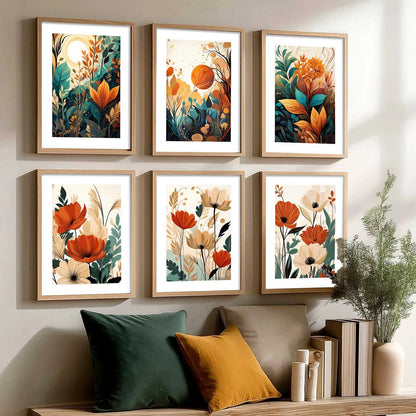 Floral Art Framed Posters for Home Living Room Bedroom and Office Wall Decor Set of 6